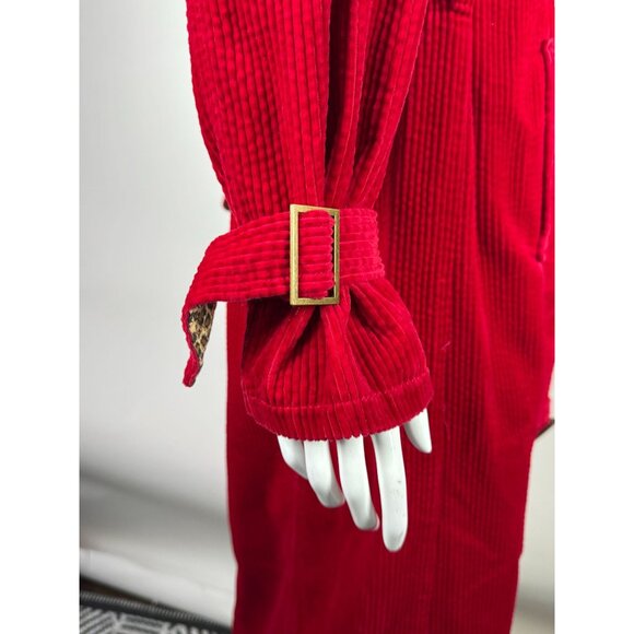 Vintage Newport News Red Corduroy Belted Trench Coat With Leopard Print Lining S - Picture 9 of 16